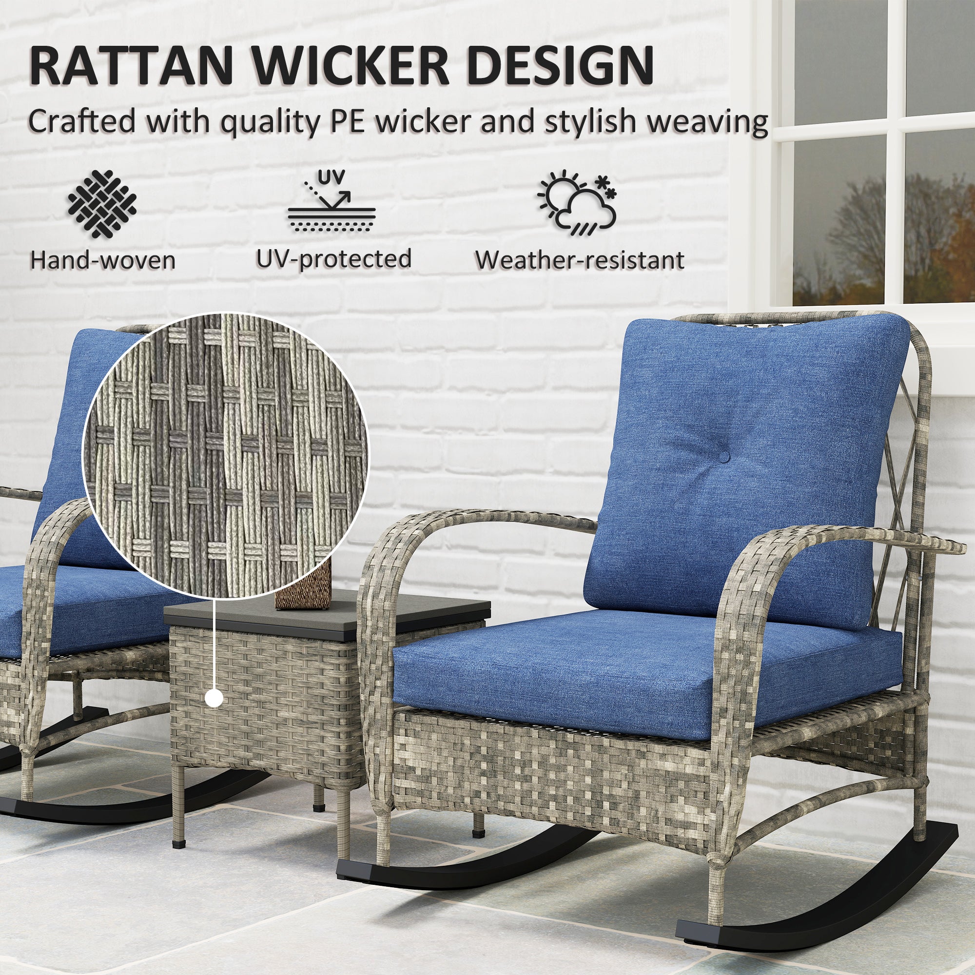 3 Piece Wicker Patio Furniture Set, Outdoor PE Rattan Rocking Chairs With Coffee Table, Cushions For Porch, Gray