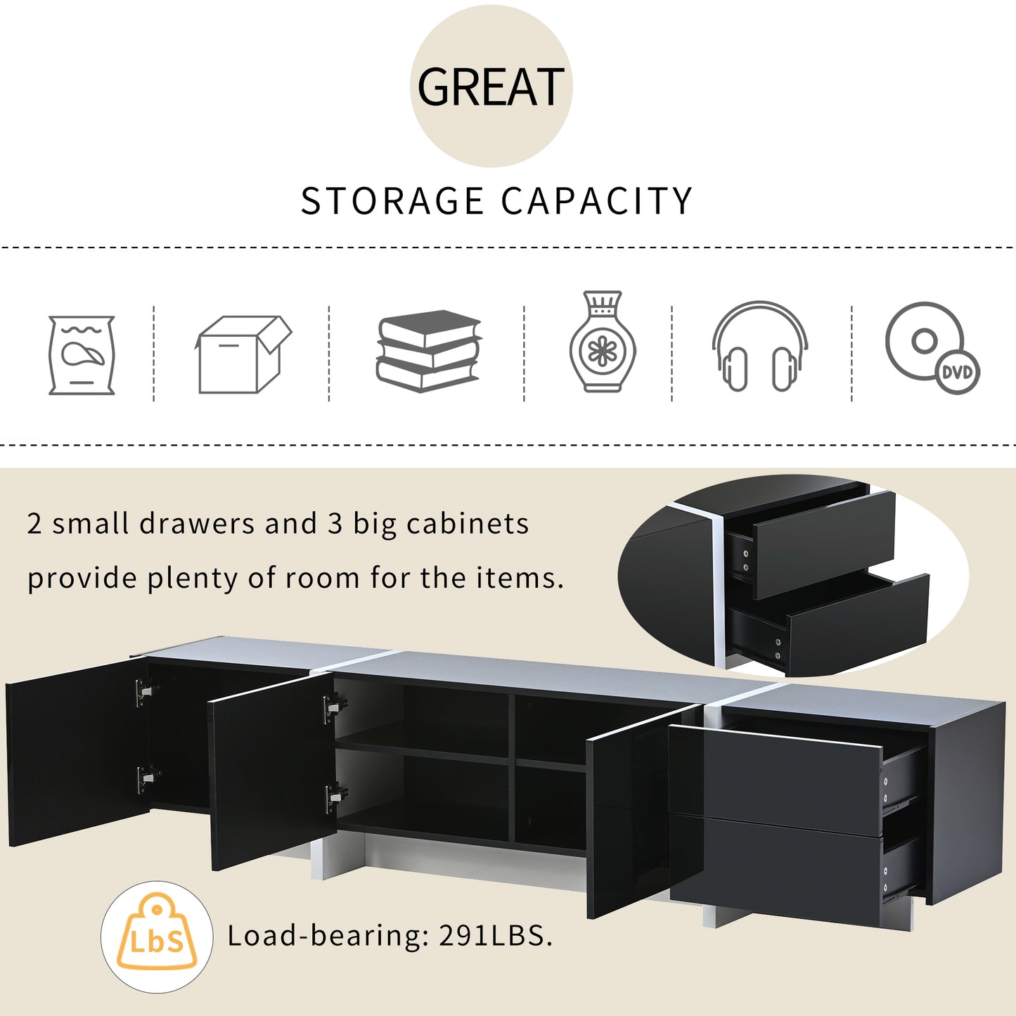 ON-TREND White & Black Contemporary Rectangle Design TV Stand, Unique Style TV Console Table For TVs Up To 80'', Modern TV Cabinet With High Gloss UV Surface For Living Room.