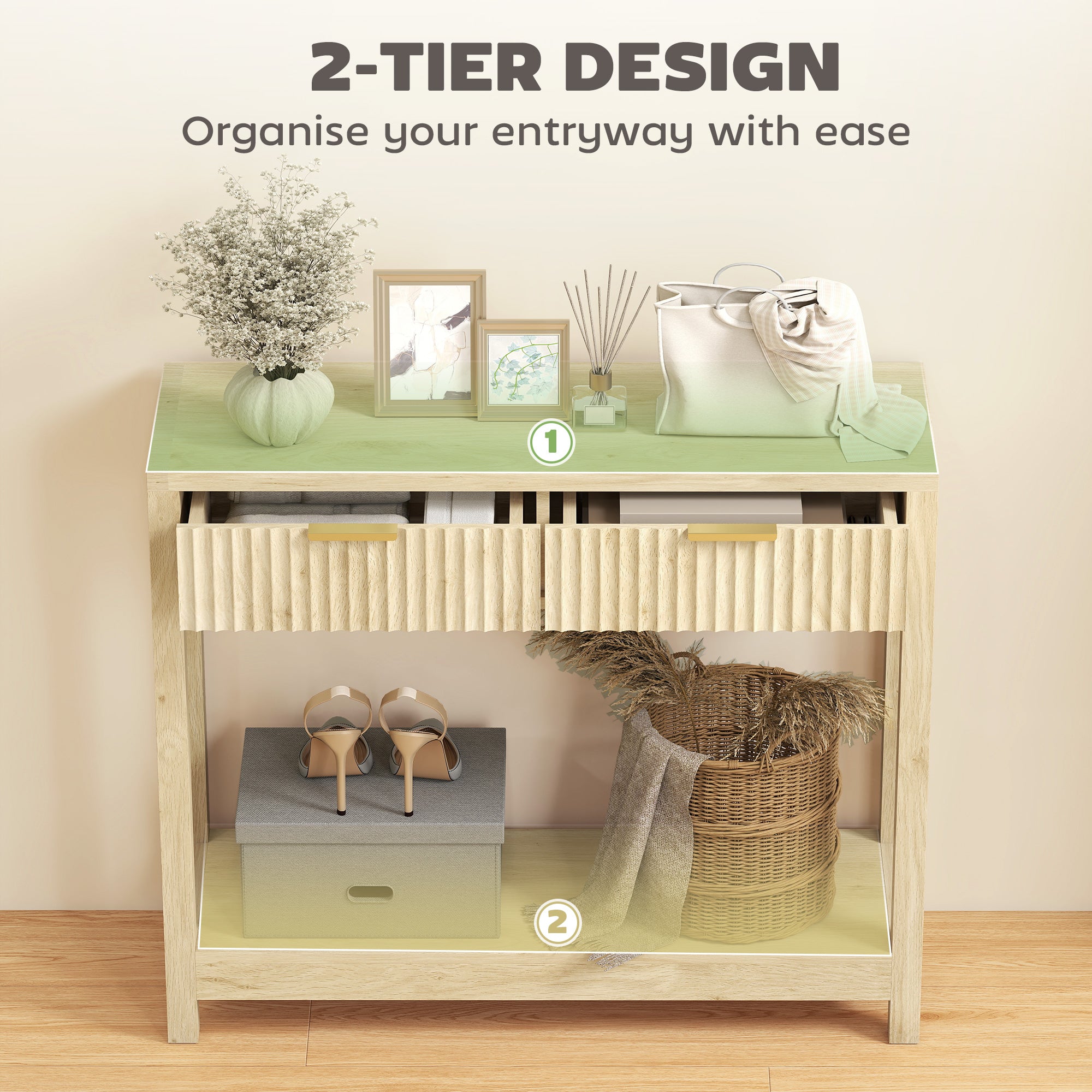 35" Console Table with Storage, Narrow Entryway Table with Fluted Panel Drawers and Shelf for Hallway, Natural