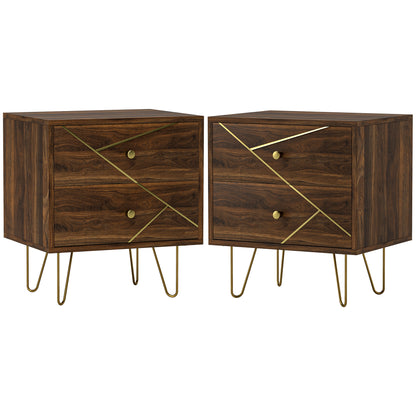 Bedside Tables Set Of 2, Modern Side Table Set With 2 Drawers And Steel Hairpin Legs, Nightstand For Bedroom, Brown Wood Grain