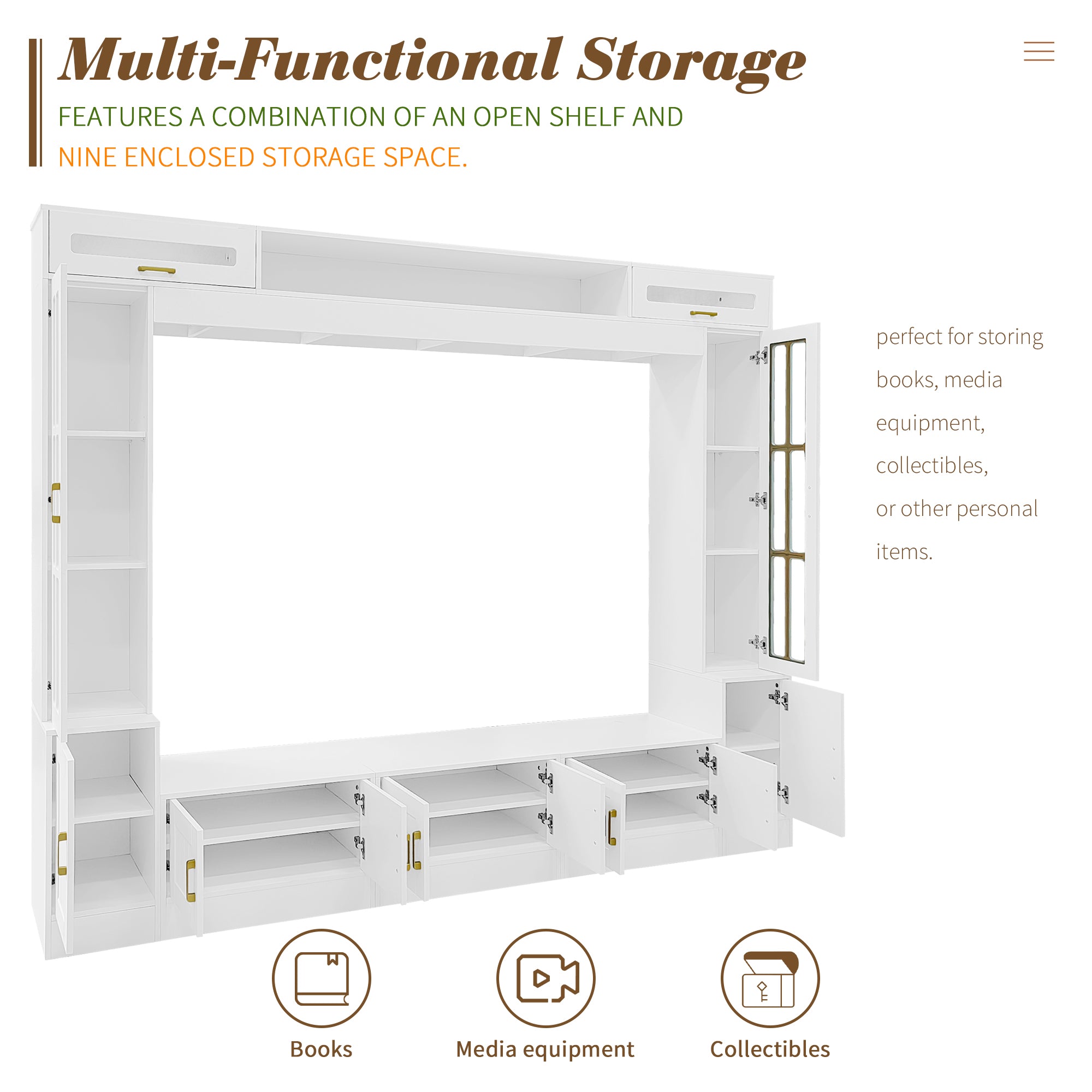 VIBE HAUS 98.4 W Wall Unit Entertainment Center With Bookshelves For TVs Up To 80, Modern TV Stand Media Console With Cabinets, Tempered Glass Doors And Adjustable Shelves For Living Room