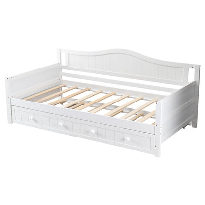 Twin Size Day Bed Frame With Trundle, Integrated Headboard & Armrests, Space-Saving Trundle Bed , Sturdy Wood Construction