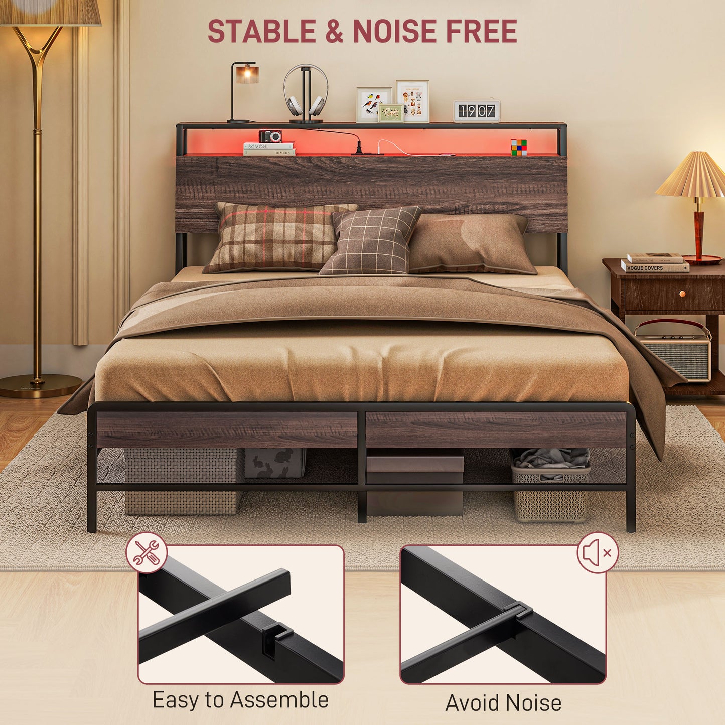 Queen Size Bed Frame with LED Lights and Charging Station, Queen Bed Frame with Storage Headboard, Noise-Free, Walnut