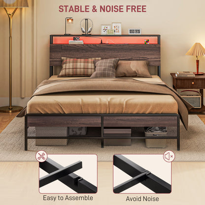 Queen Size Bed Frame with LED Lights and Charging Station, Queen Bed Frame with Storage Headboard, Noise-Free, Walnut