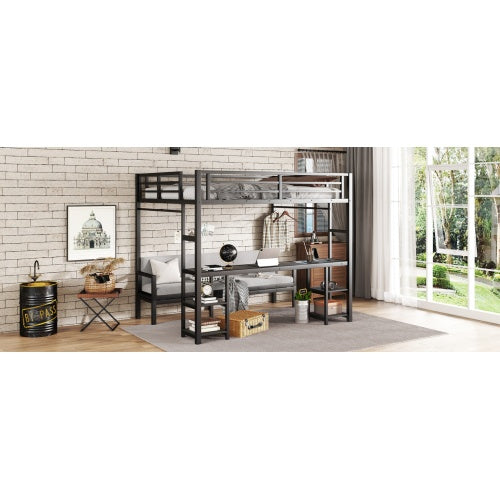 Queen Over Twin XL Metal Bunk Bed Loft Bed With Desk And Shelves, Multiple Uses Folds Into Sofa With LED And USB, Black