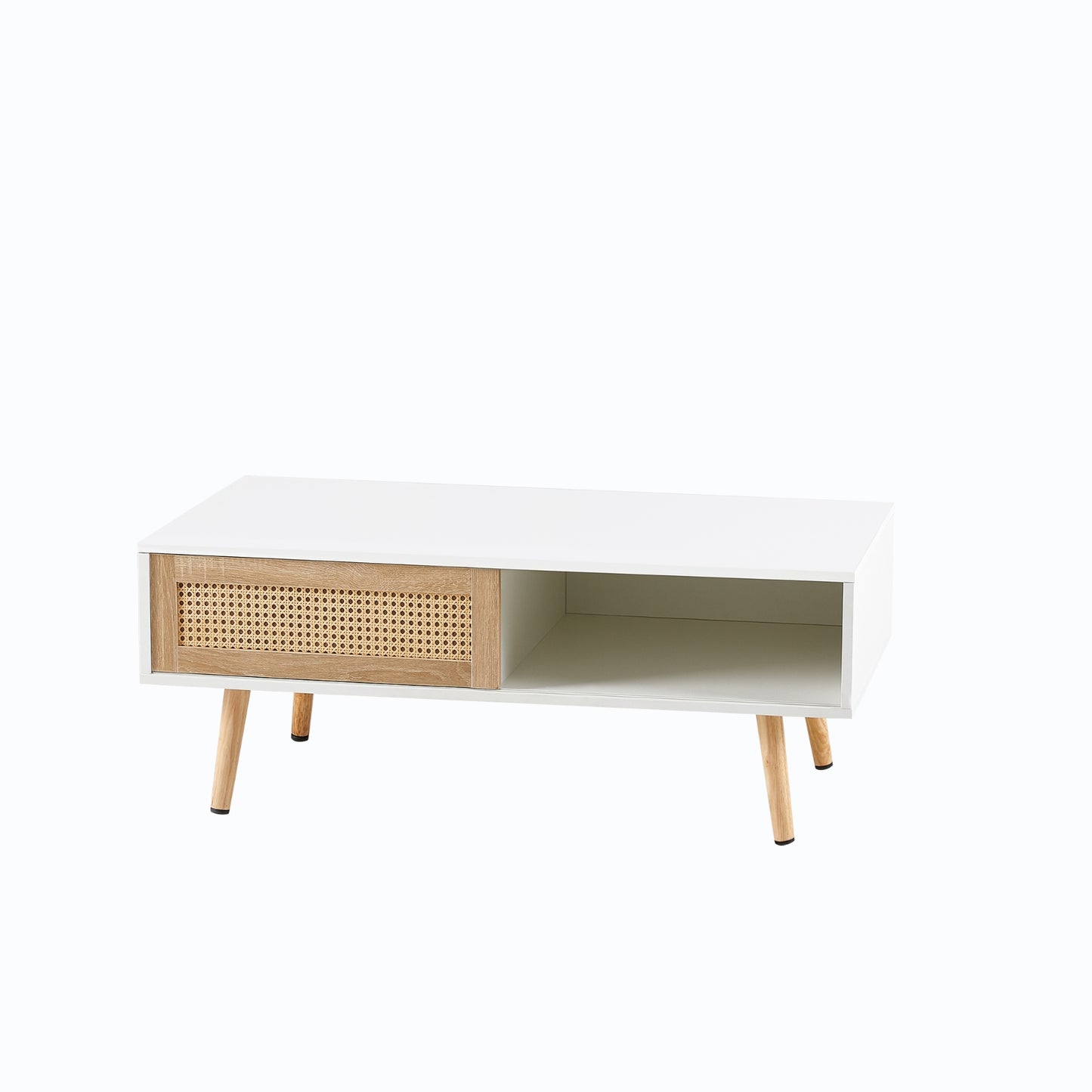 Rattan Coffee Table With Sliding Door And Solid Wood Legs - Modern Living Room