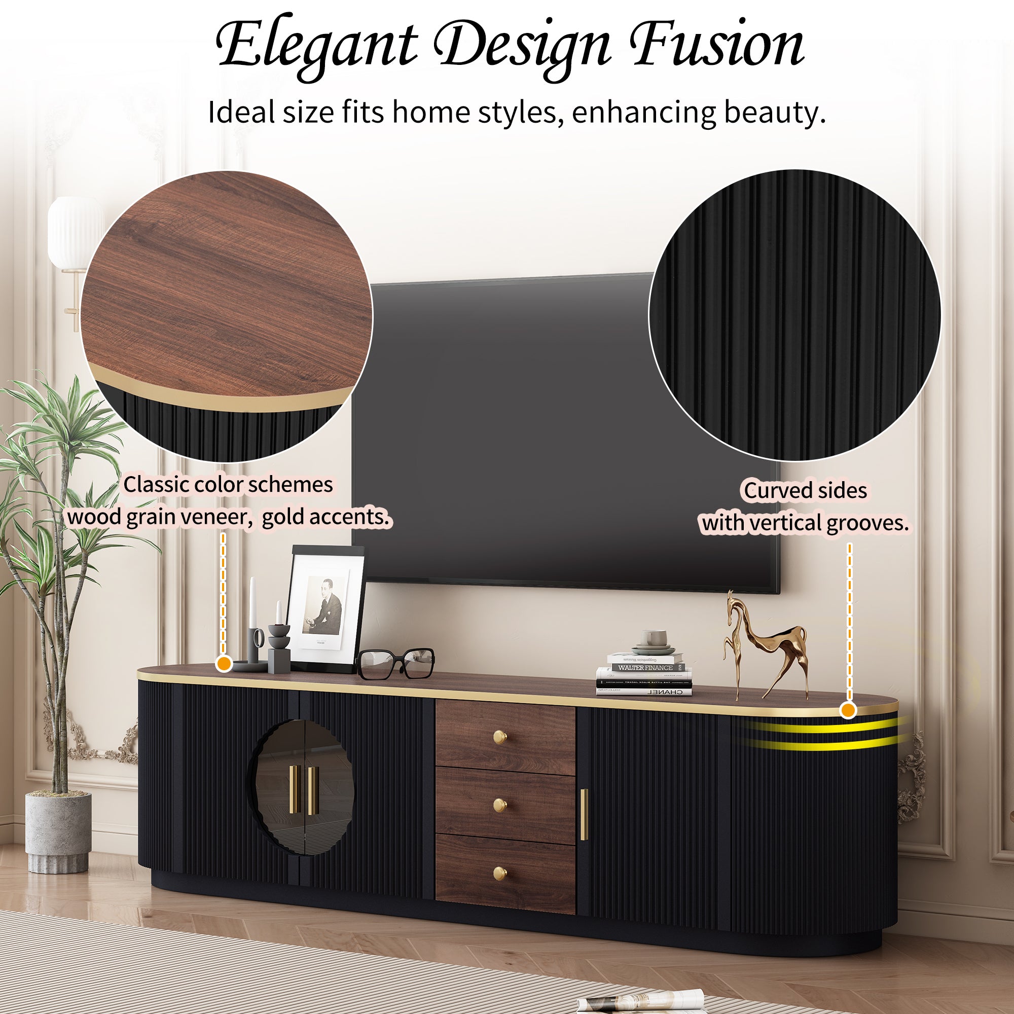 VIBE HAUS 70.8 Modern Minimalist TV Stand For TVs Up To 80 Inches, Entertainment Center With 3 Drawers And 1 Shelf, Metal Handles And 2 Cabinets For Living Room