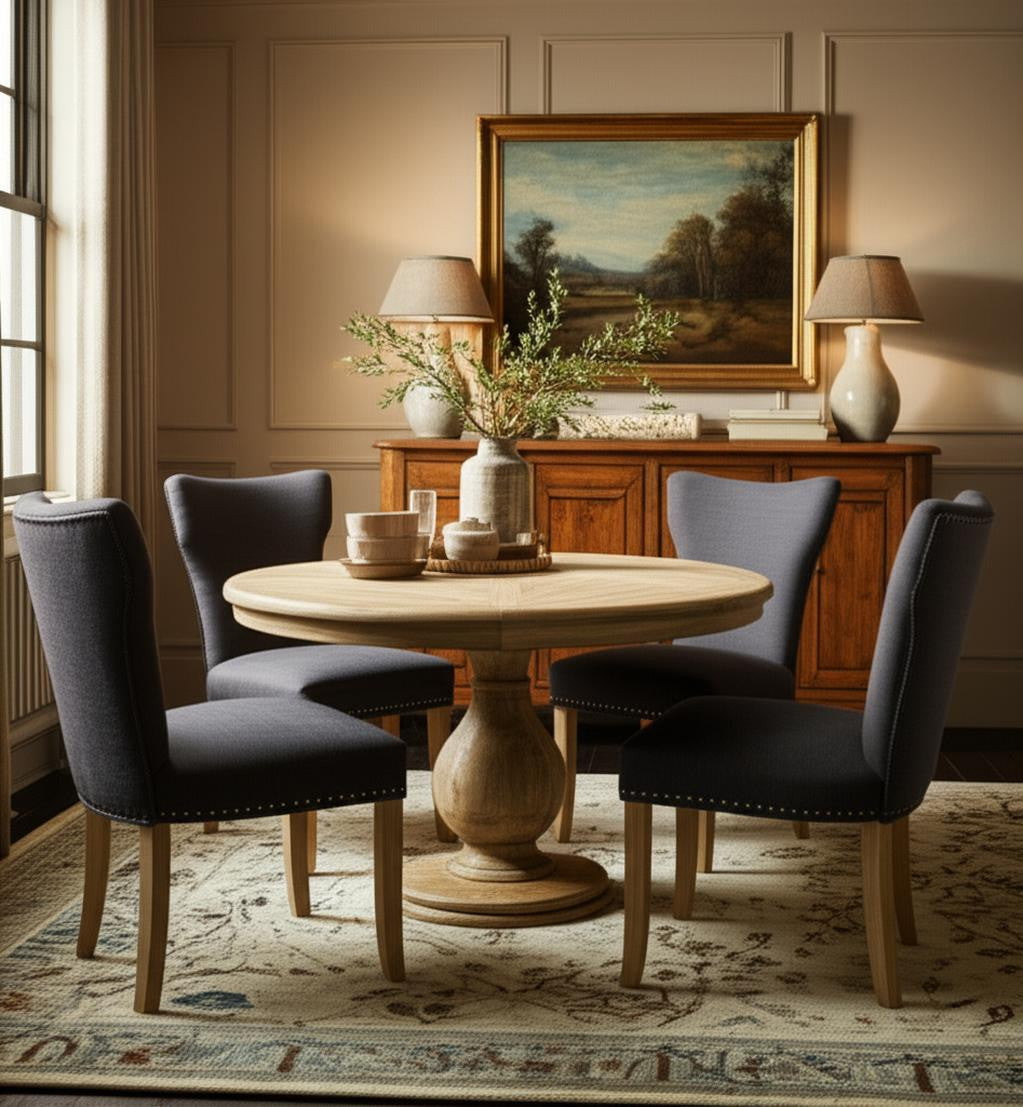 Five Piece Natural Round Solid Wood Dining Set with Four Chairs