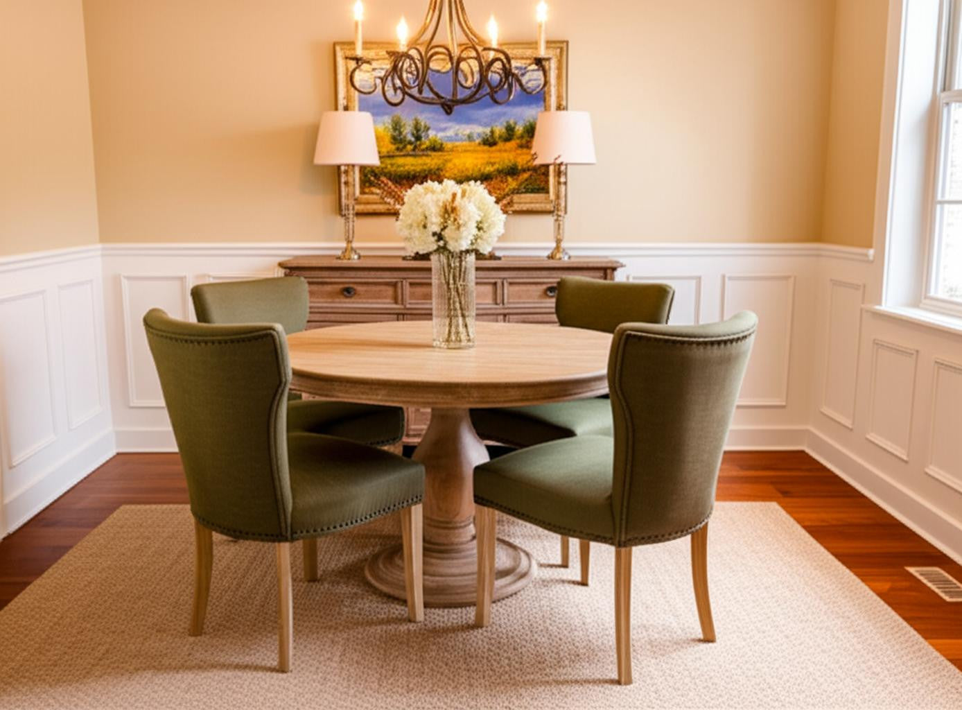 Five Piece Natural Round Solid Wood Dining Set with Four Chairs