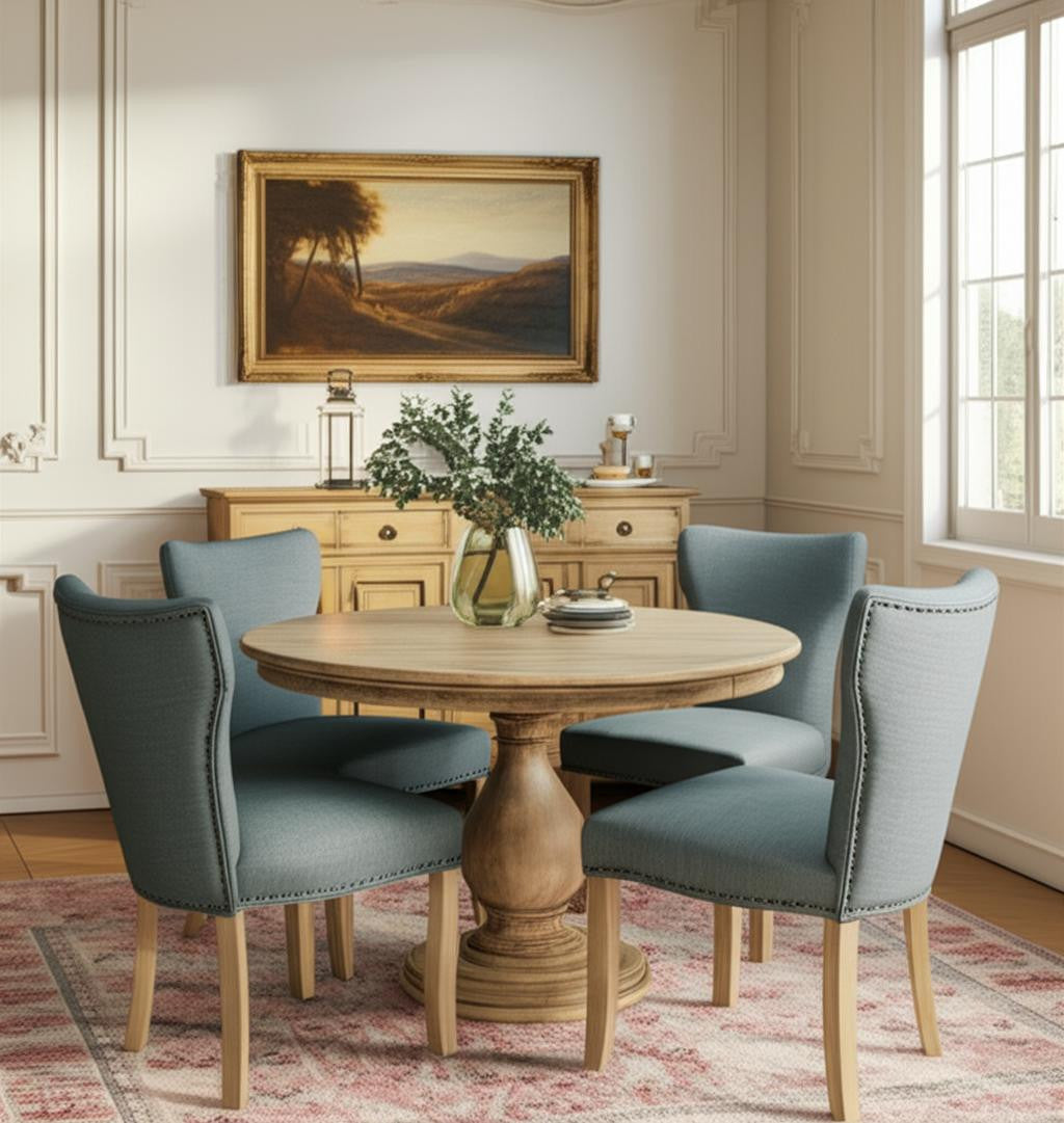 Five Piece Natural Round Solid Wood Dining Set with Four Chairs