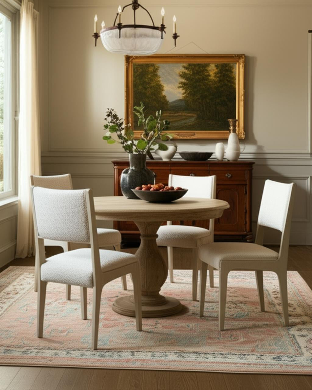 Five Piece Natural Round Solid Wood Dining Set with Four Chairs