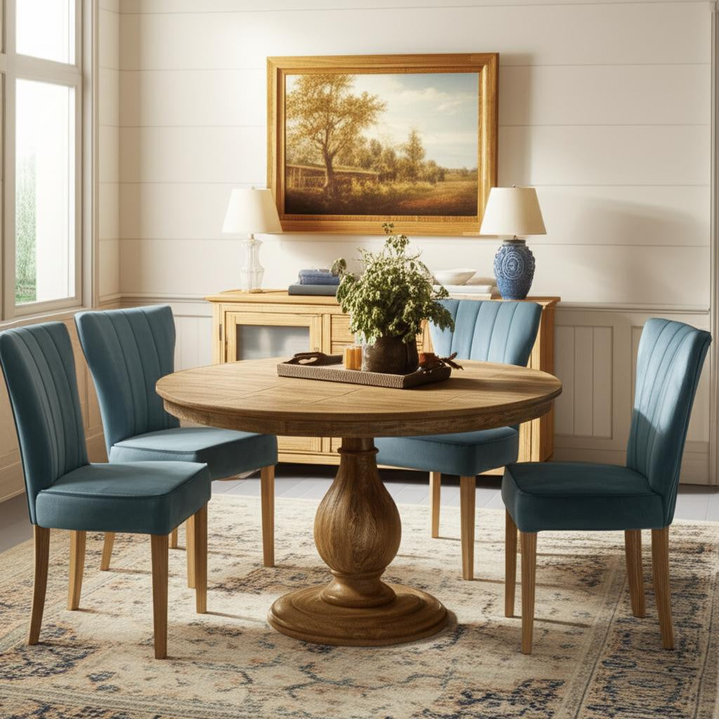 Five Piece Natural Round Solid Wood Dining Set with Four Chairs
