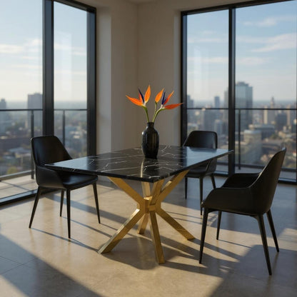 79" Black and Gold Marble and Metal Cross Leg Base Dining Table