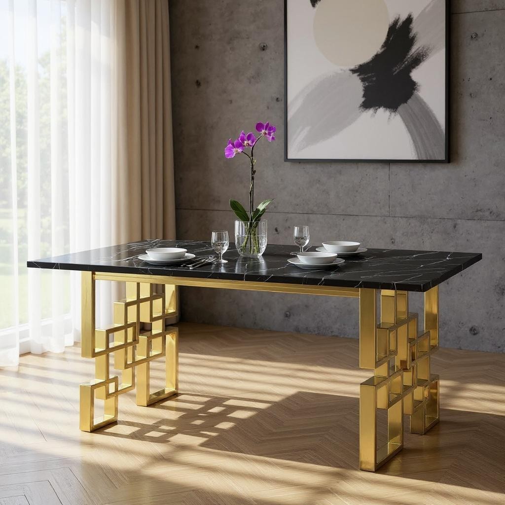 79" Black and Gold Marble and Metal Double Pedestal Base Dining Table