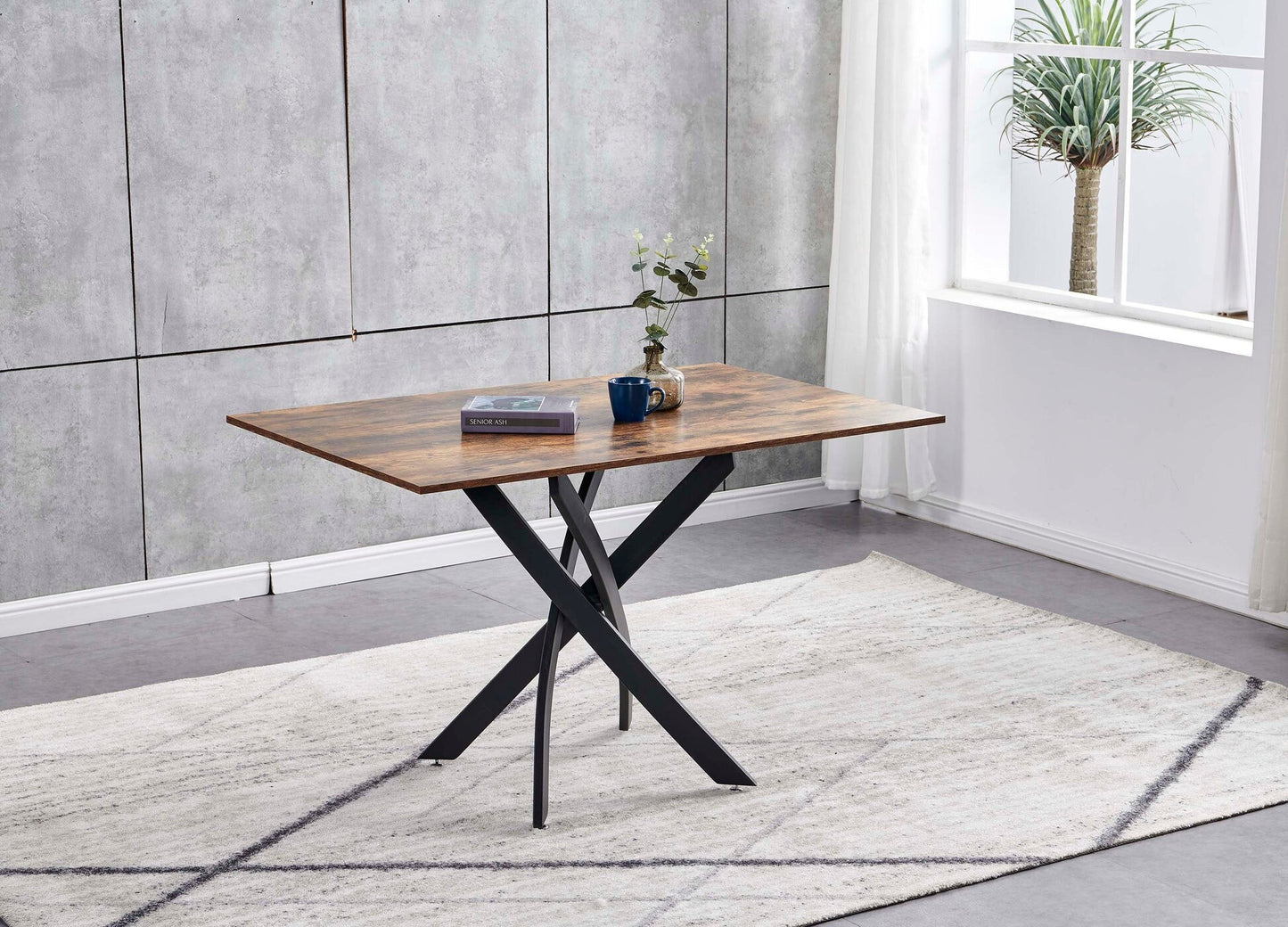 47" Brown and Black Wood and Metal Cross Leg Base Dining Table