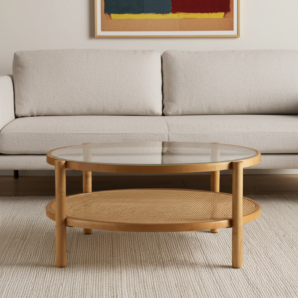 34" Clear and Natural Glass and Solid Wood Round Coffee Table With Shelf