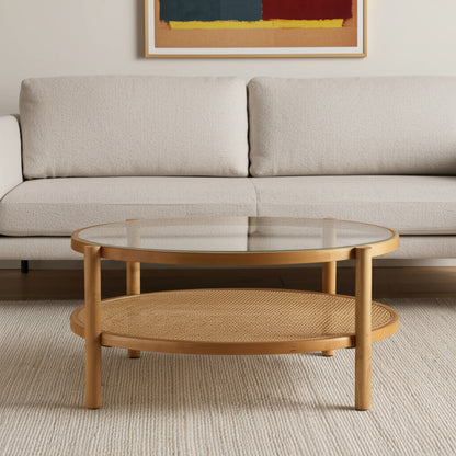 34" Clear and Natural Glass and Solid Wood Round Coffee Table With Shelf