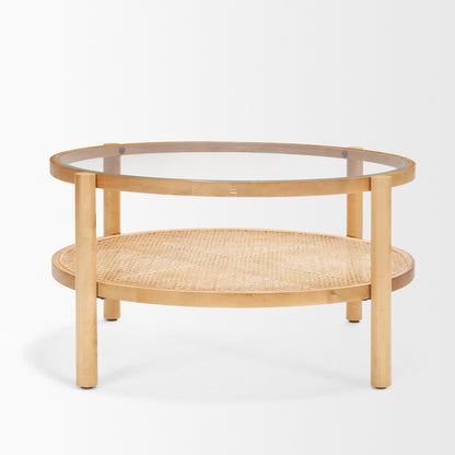 34" Clear and Natural Glass and Solid Wood Round Coffee Table With Shelf