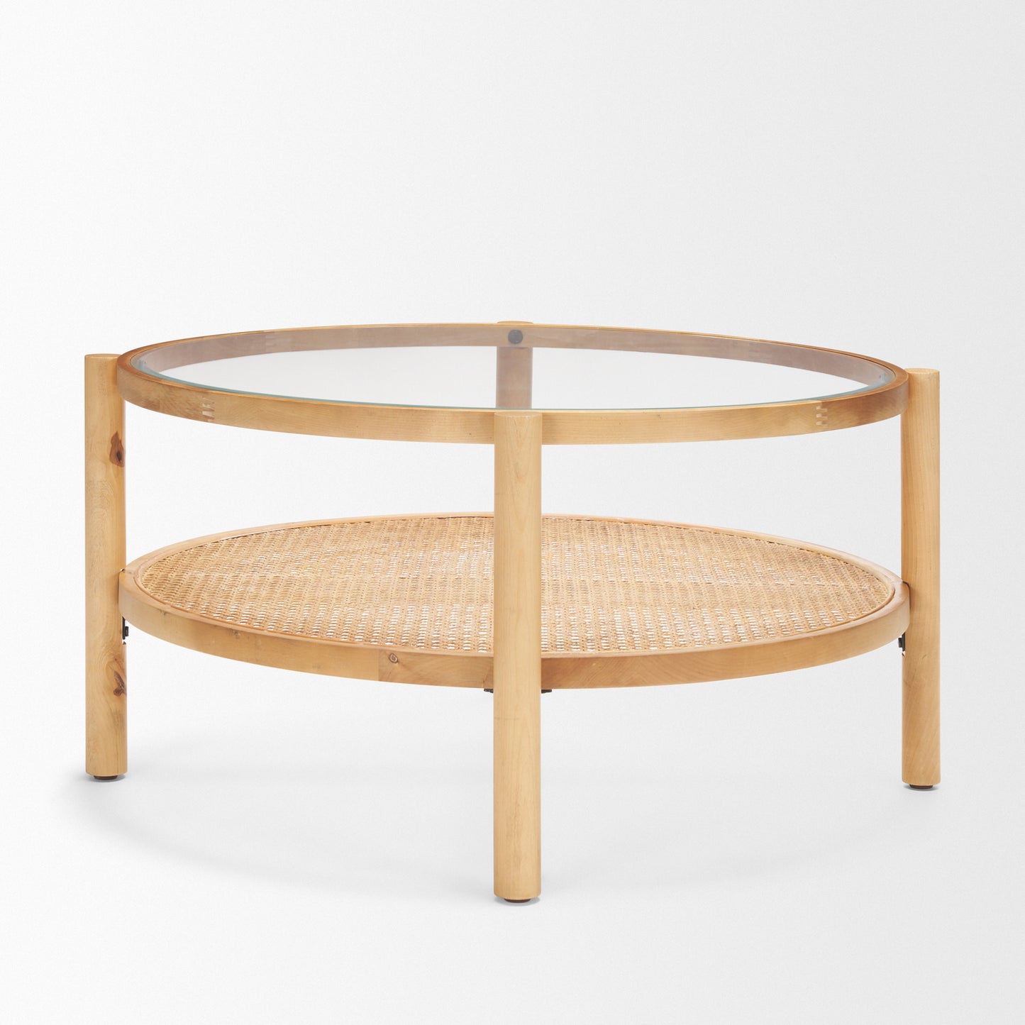 34" Clear and Natural Glass and Solid Wood Round Coffee Table With Shelf