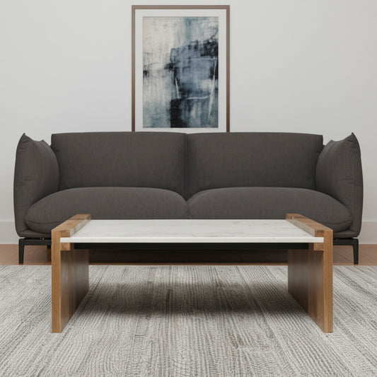 48" Natural and White Solid Wood And Genuine Marble Coffee Table