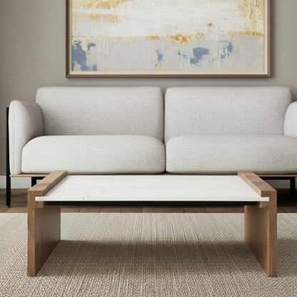 48" Natural and White Solid Wood And Genuine Marble Coffee Table
