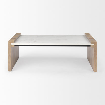 48" Natural and White Solid Wood And Genuine Marble Coffee Table