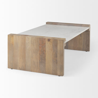 48" Natural and White Solid Wood And Genuine Marble Coffee Table