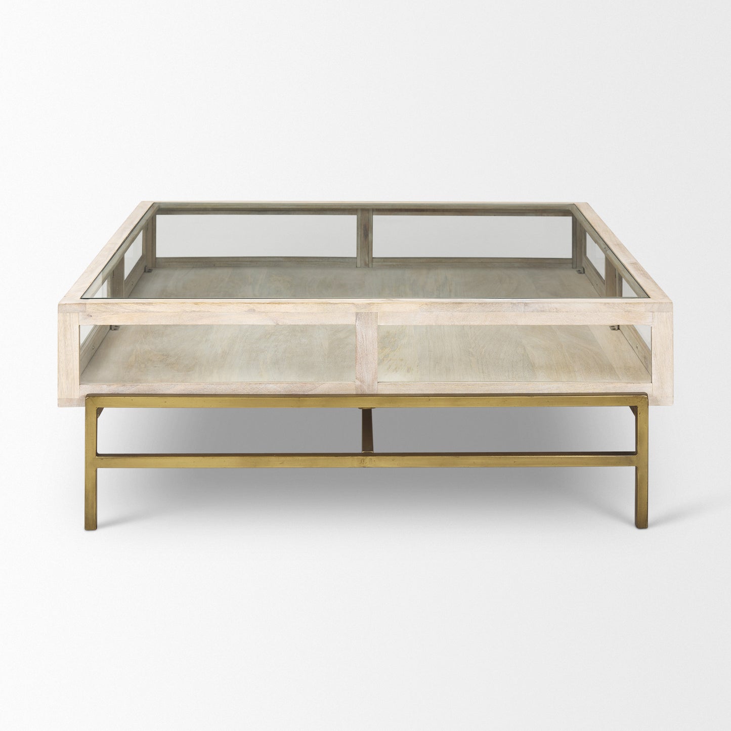 44" Off White Clear And Gold Solid Wood Glass And Iron Storage Coffee Table