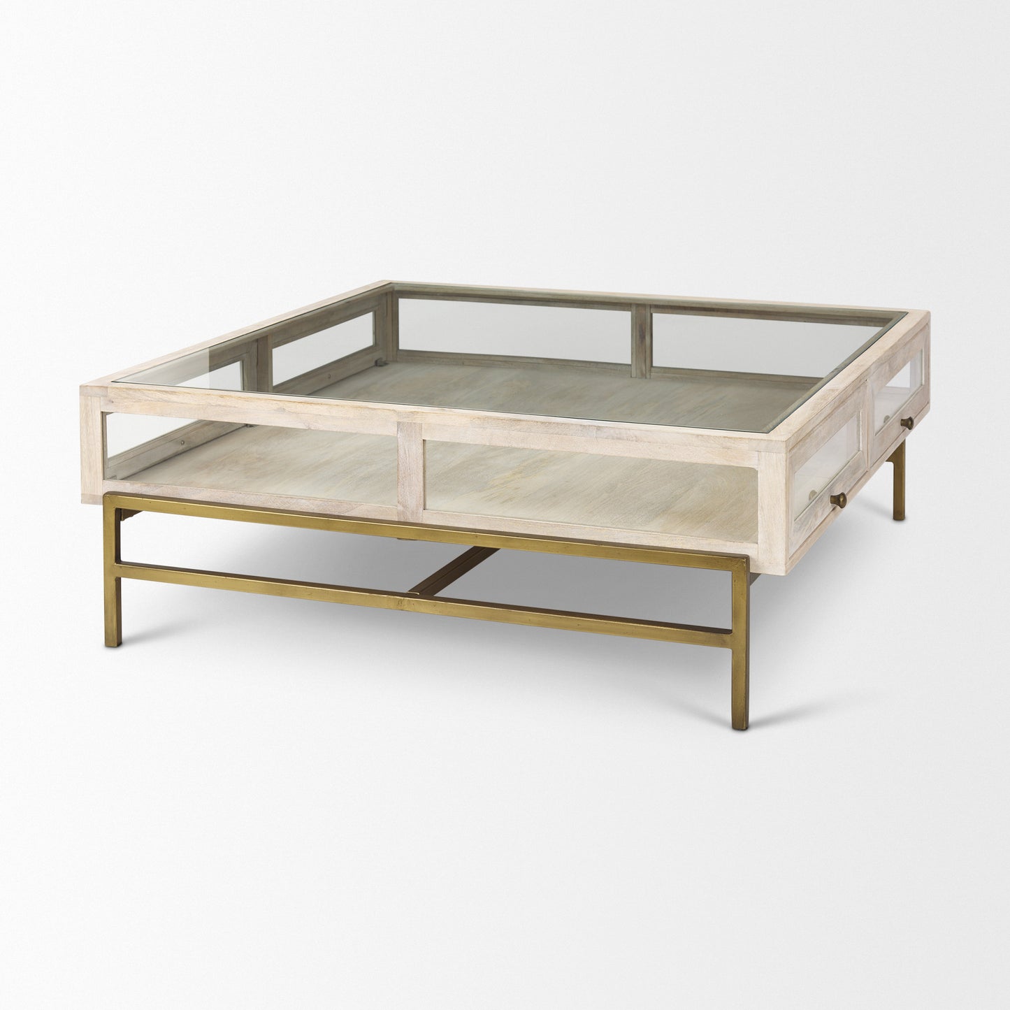 44" Off White Clear And Gold Solid Wood Glass And Iron Storage Coffee Table