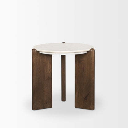 20" White And Brown Marble And Solid Wood End Table