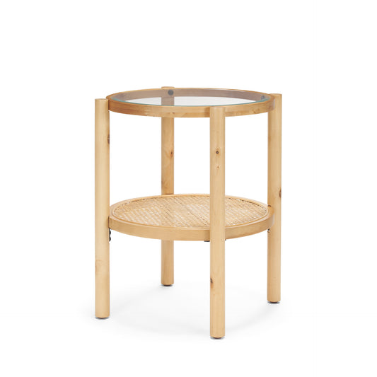24" Clear and Light Brown Glass and Solid Wood Round End Table With Shelf