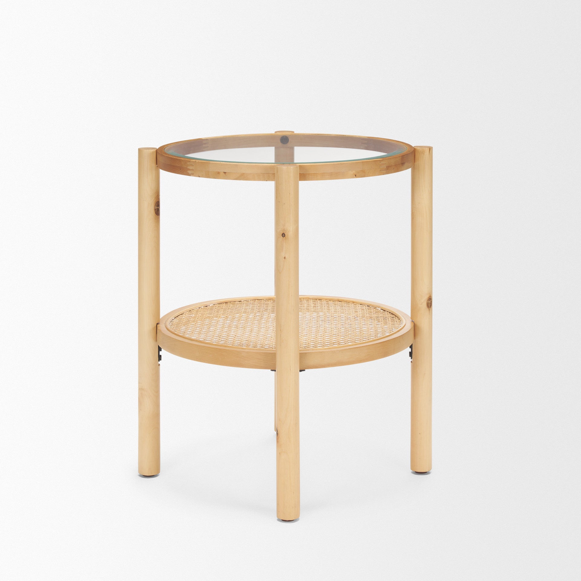 24" Clear and Light Brown Glass and Solid Wood Round End Table With Shelf