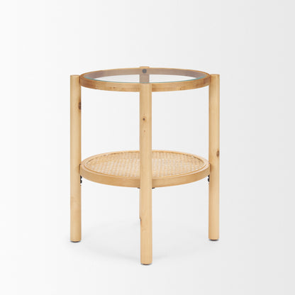 24" Clear and Light Brown Glass and Solid Wood Round End Table With Shelf