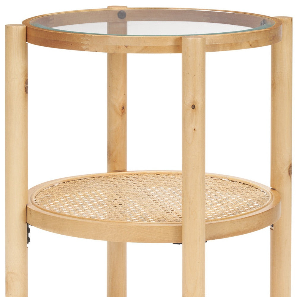 24" Clear and Light Brown Glass and Solid Wood Round End Table With Shelf