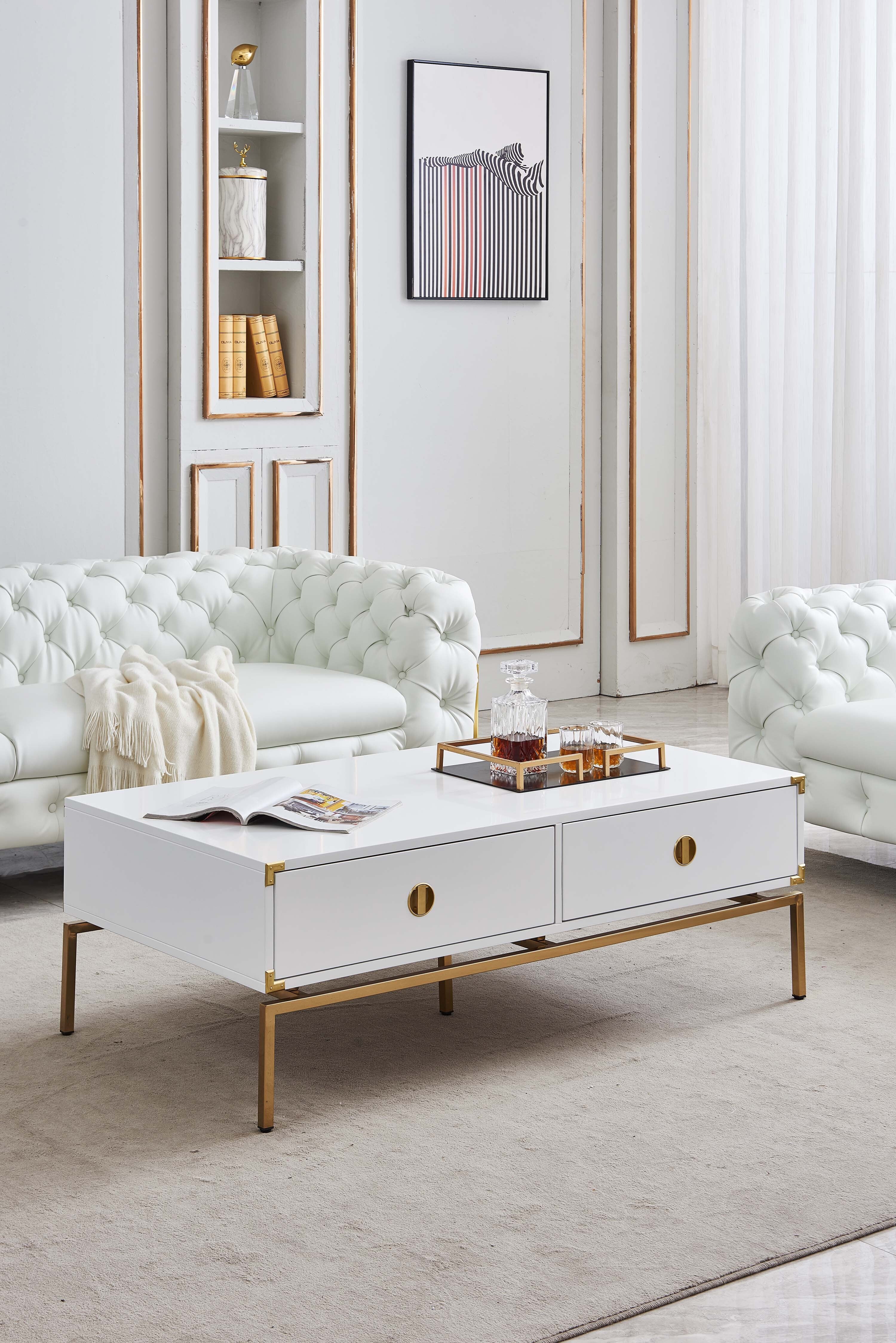 51" White And Gold Solid Wood And Metal End Table With Two Drawers