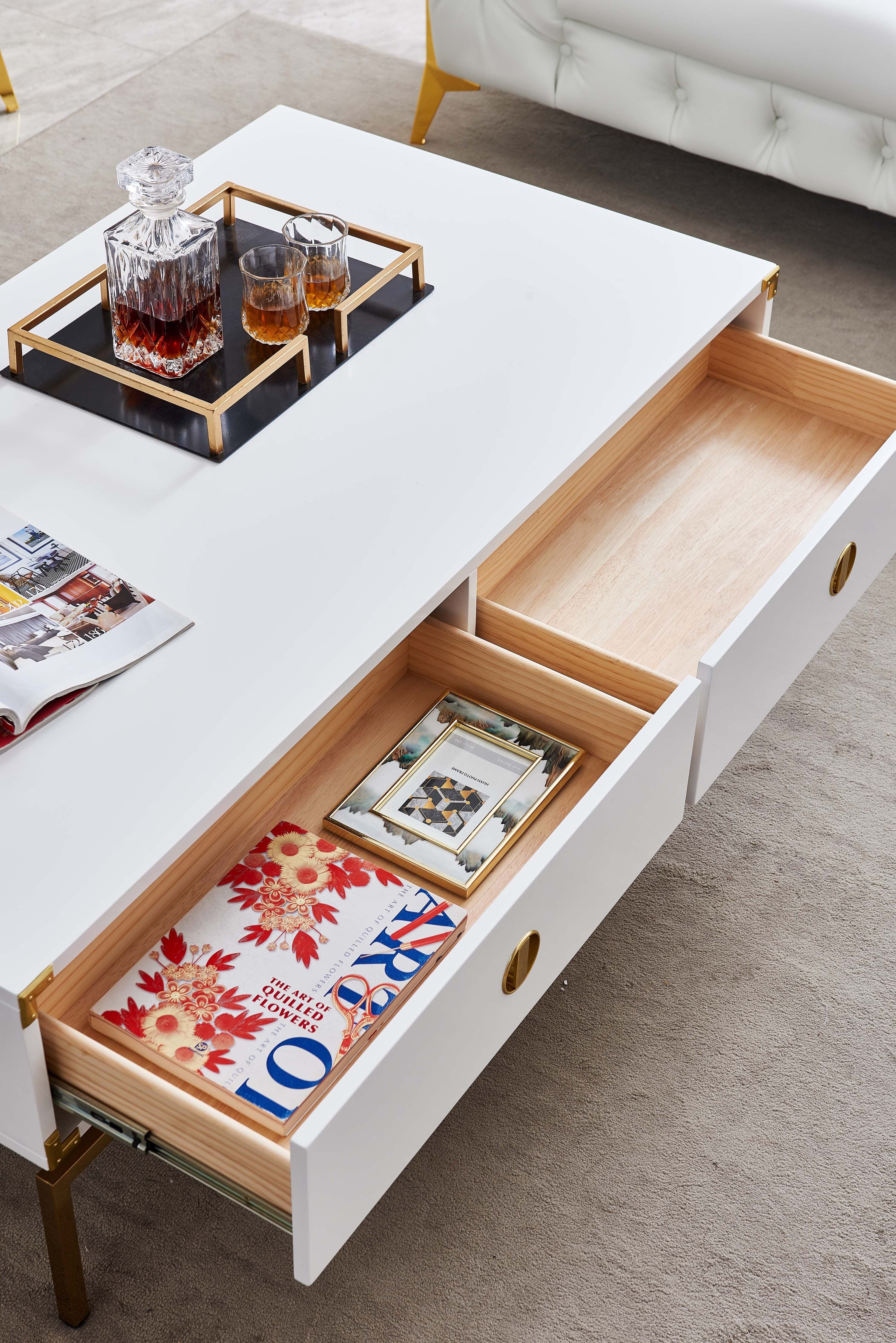 51" White And Gold Solid Wood And Metal End Table With Two Drawers
