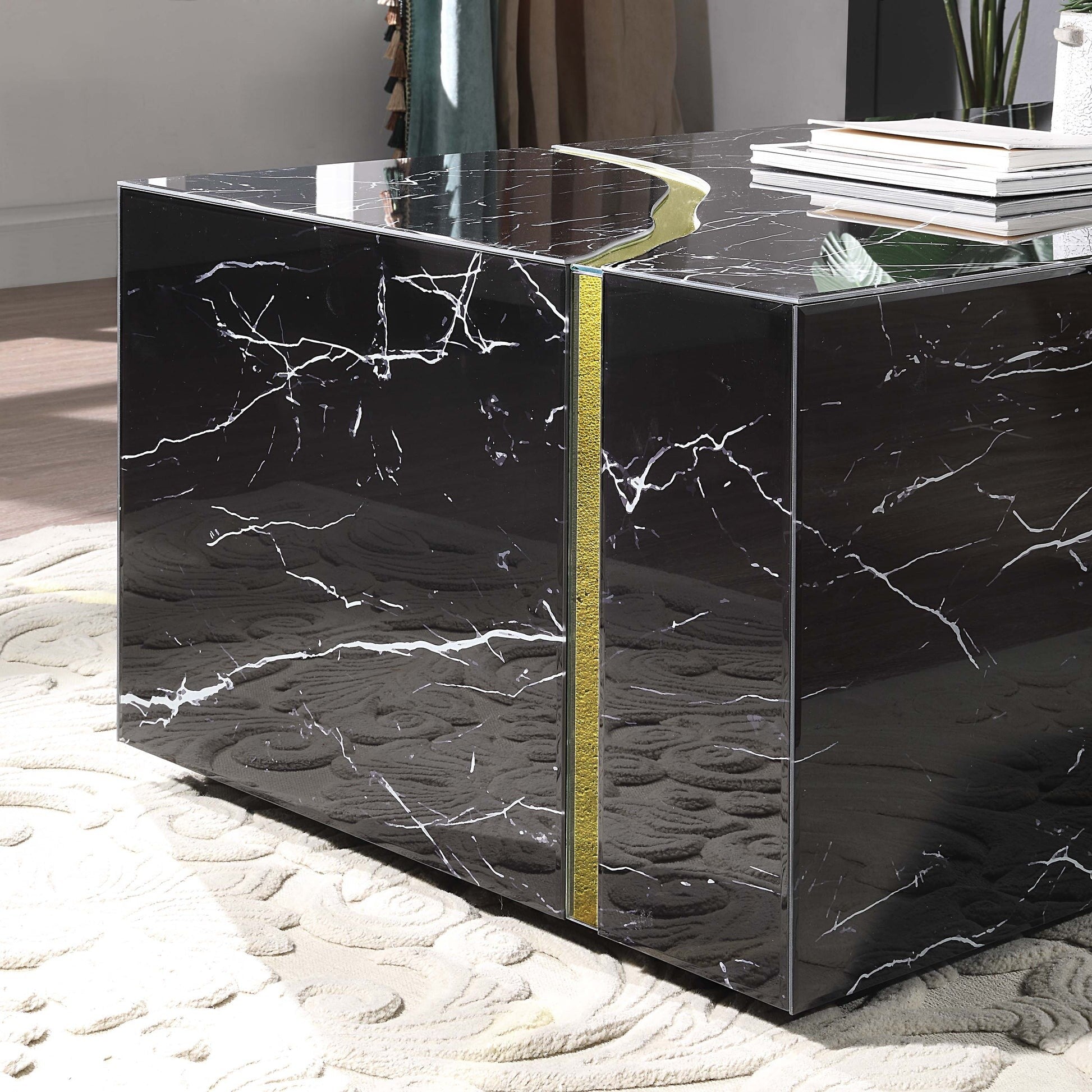 28" White Marble And Reclaimed Wood Block End Table