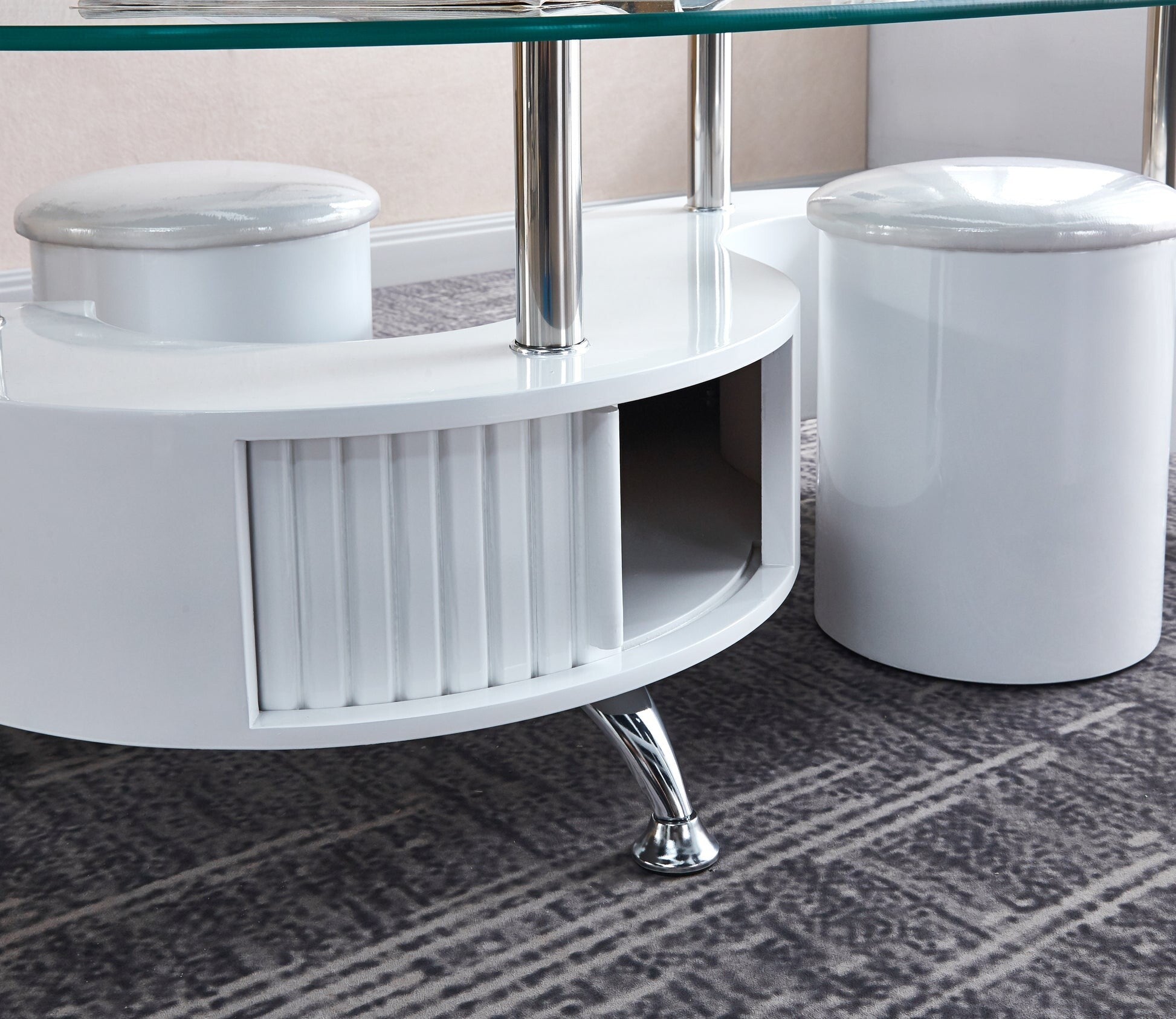 47" Unfinished And White Mirrored Glass And Metal Oval End Table