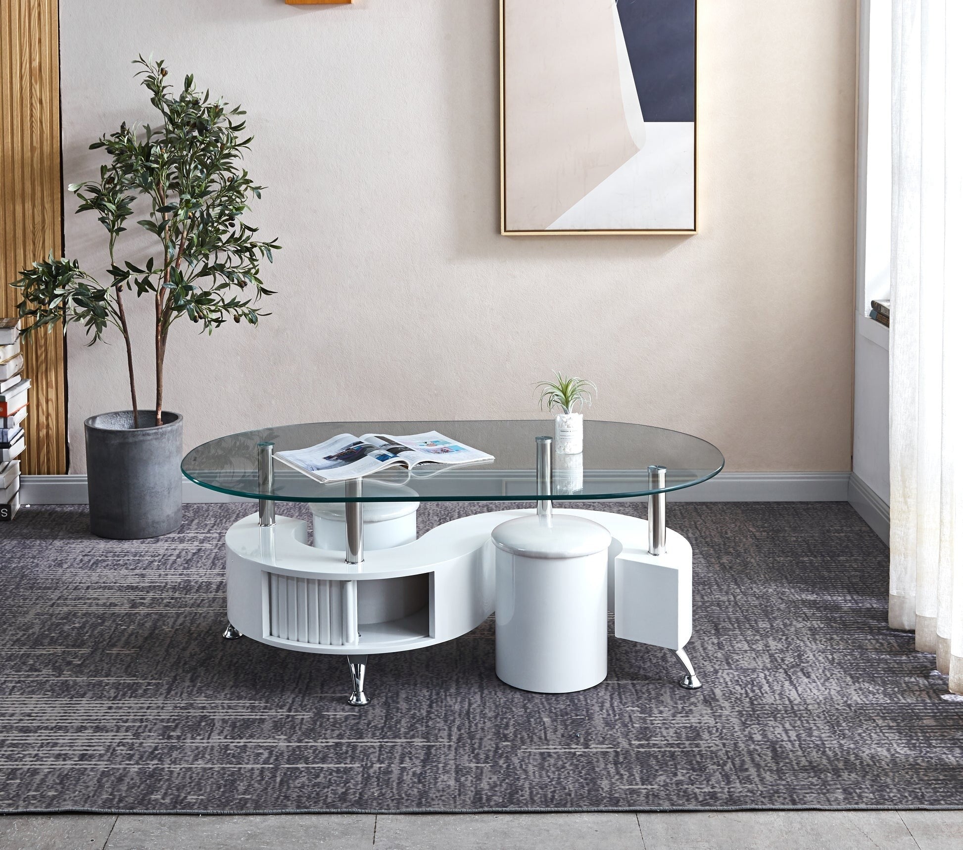 47" Unfinished And White Mirrored Glass And Metal Oval End Table