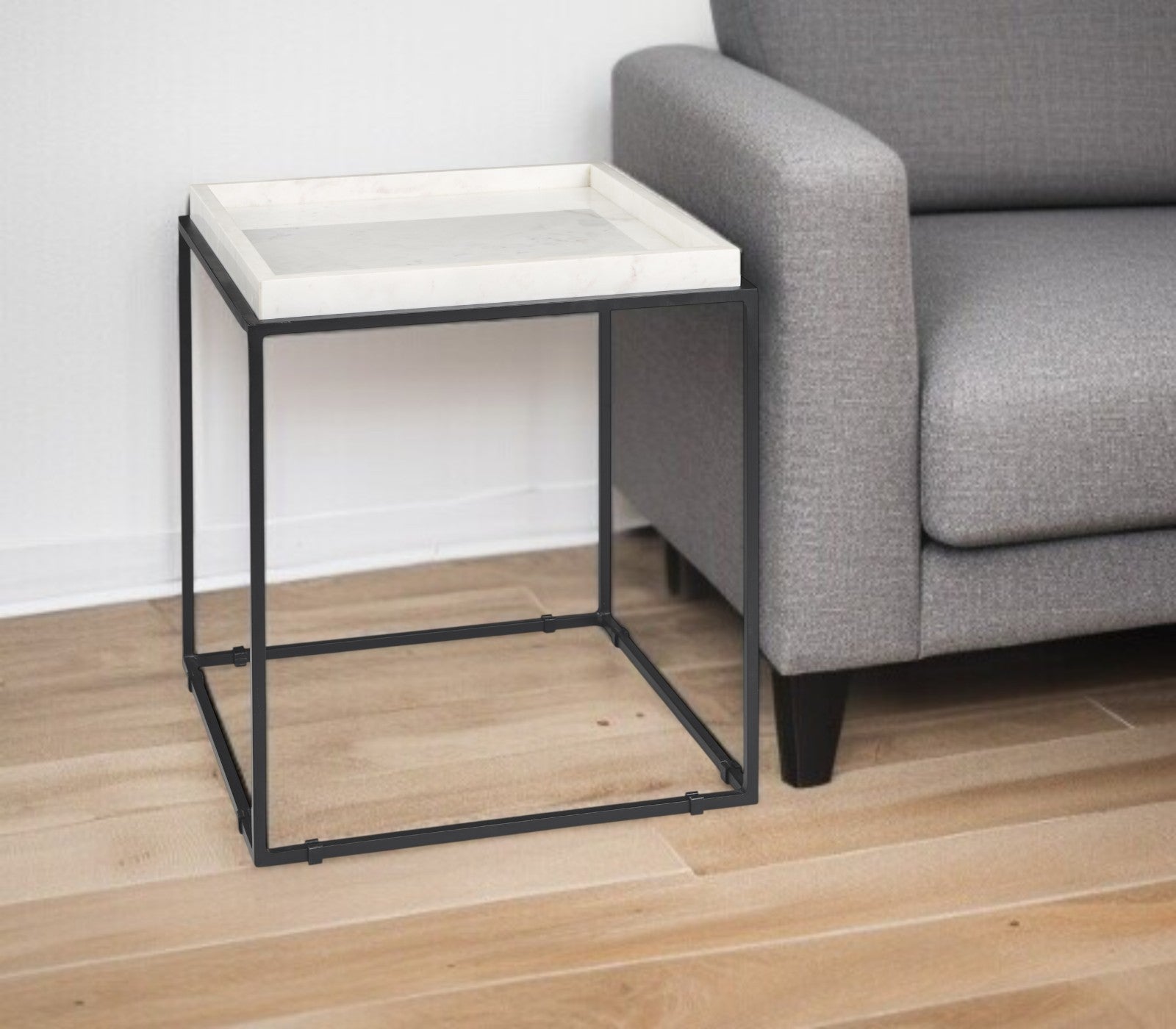 20" White and Black Marble and Metal Square Frame End Table