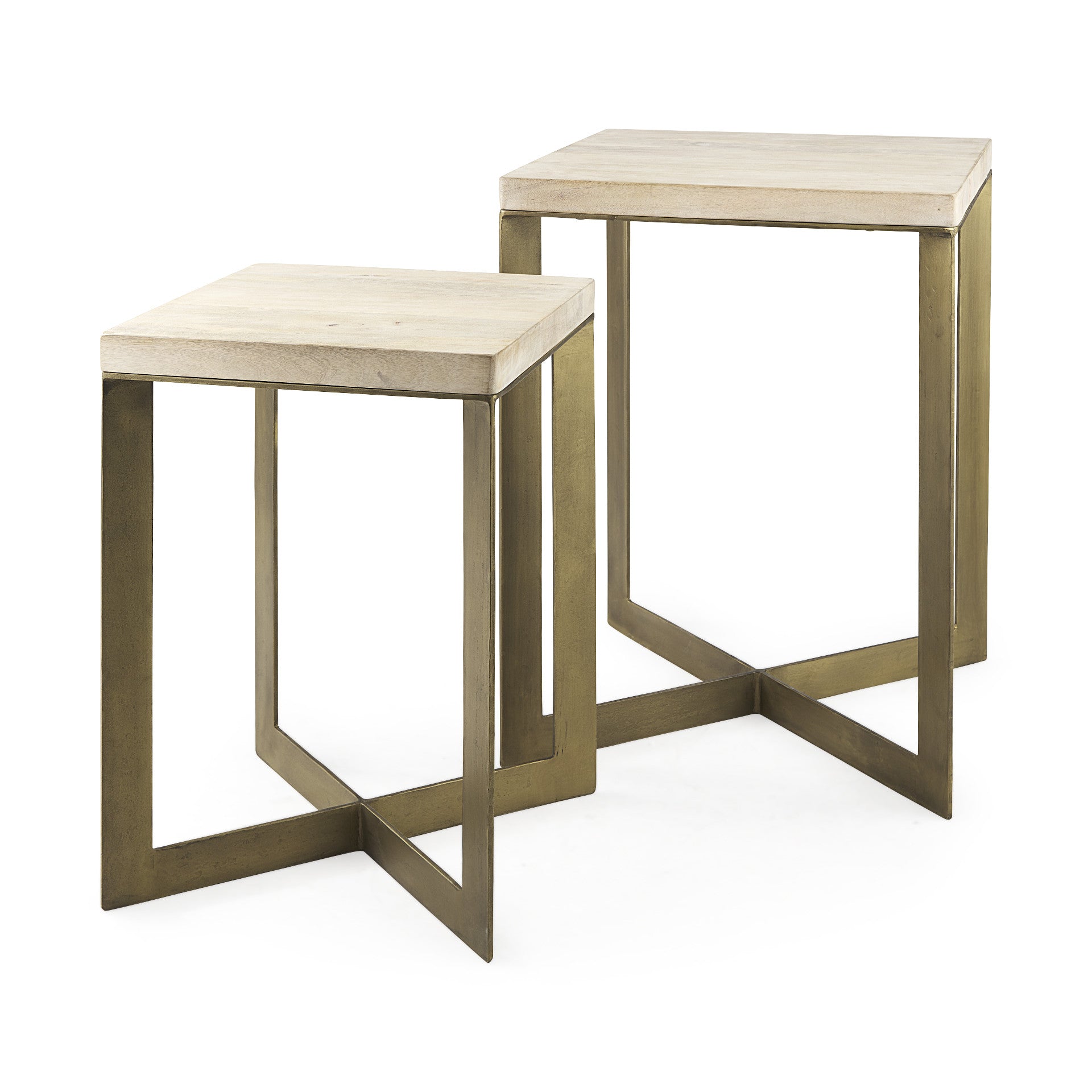 Set of Two Natural and Gold Solid Wood and Metal Square Cross Legs Nested Tables