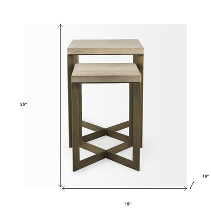Set of Two Natural and Gold Solid Wood and Metal Square Cross Legs Nested Tables