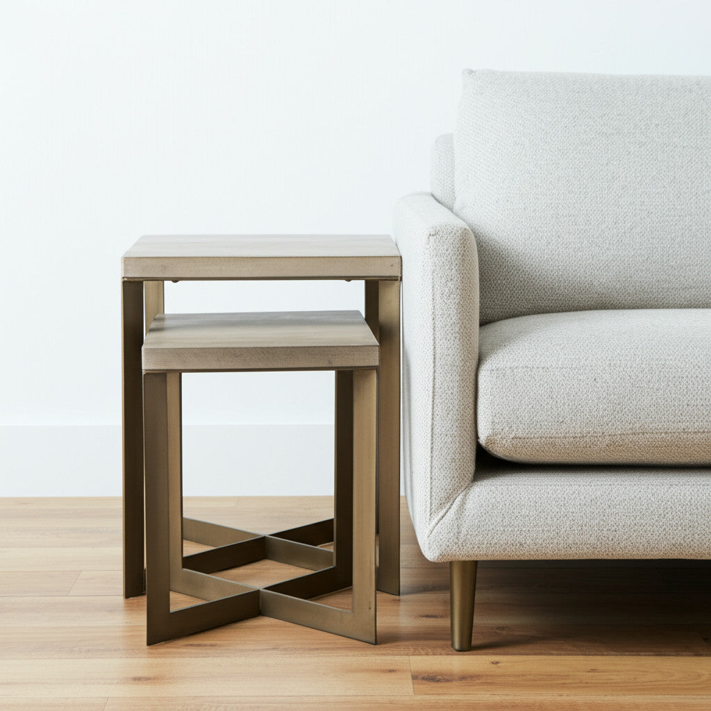 Set of Two Natural and Gold Solid Wood and Metal Square Cross Legs Nested Tables