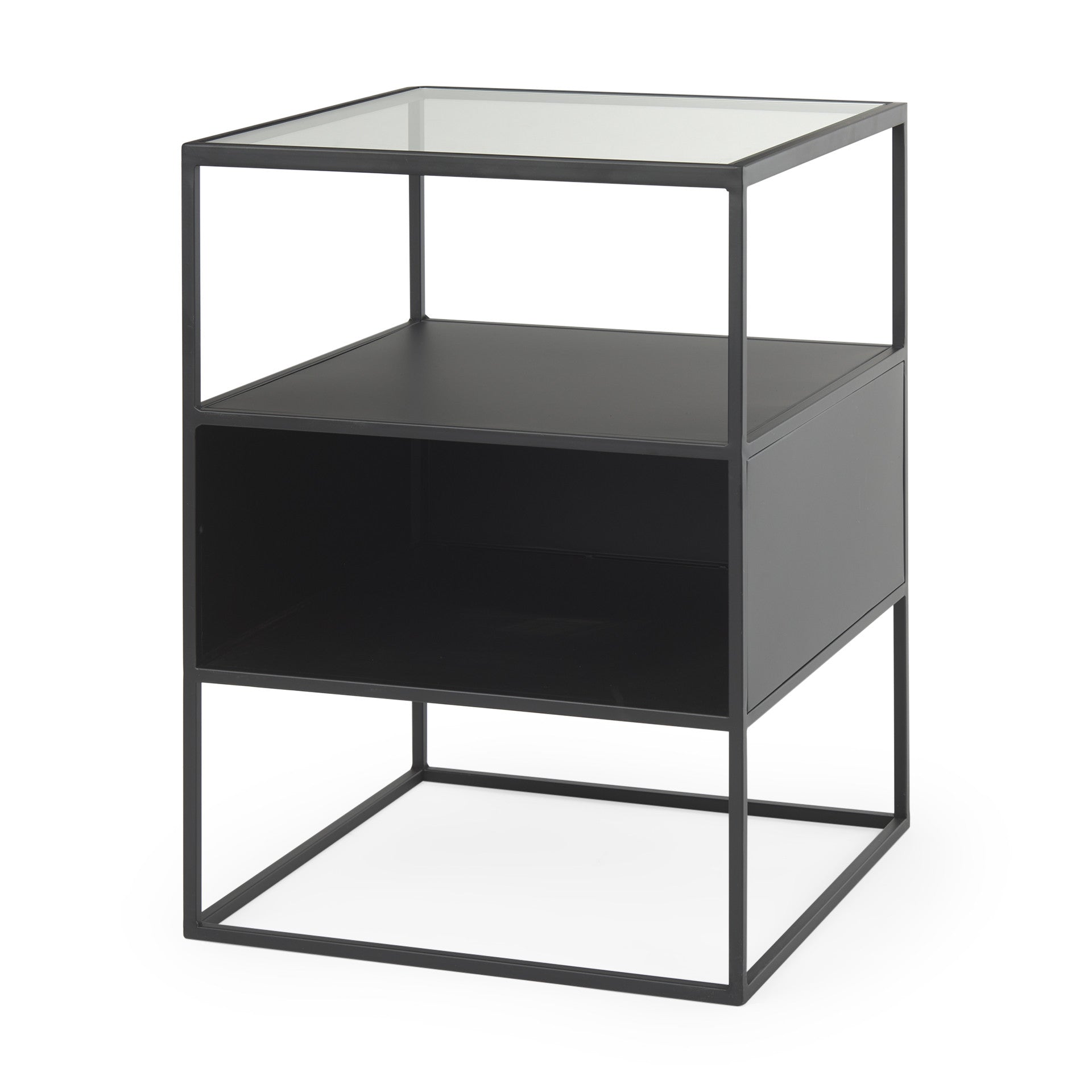 21" Clear and Black Glass and Metal Square Frame End Table With Two Shelves