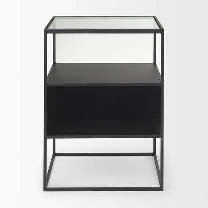 21" Clear and Black Glass and Metal Square Frame End Table With Two Shelves