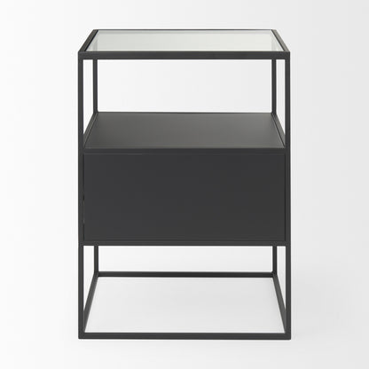 21" Clear and Black Glass and Metal Square Frame End Table With Two Shelves