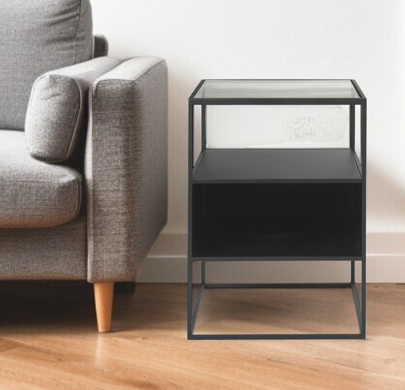 21" Clear and Black Glass and Metal Square Frame End Table With Two Shelves