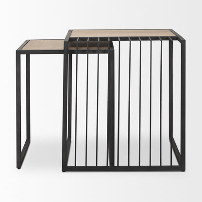 Set of Two Natural and Black Solid Wood and Metal Square Sled Nested Tables