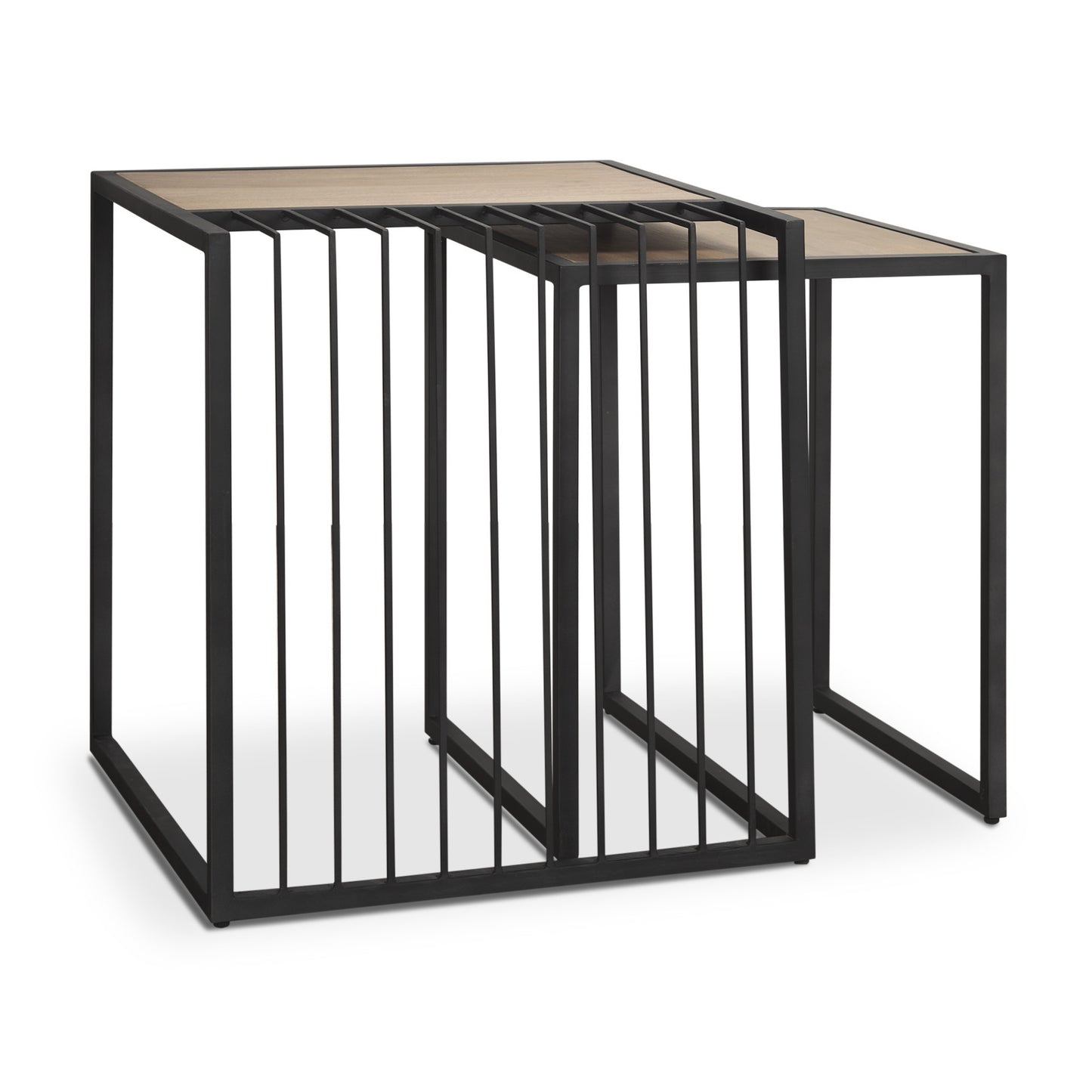 Set of Two Natural and Black Solid Wood and Metal Square Sled Nested Tables
