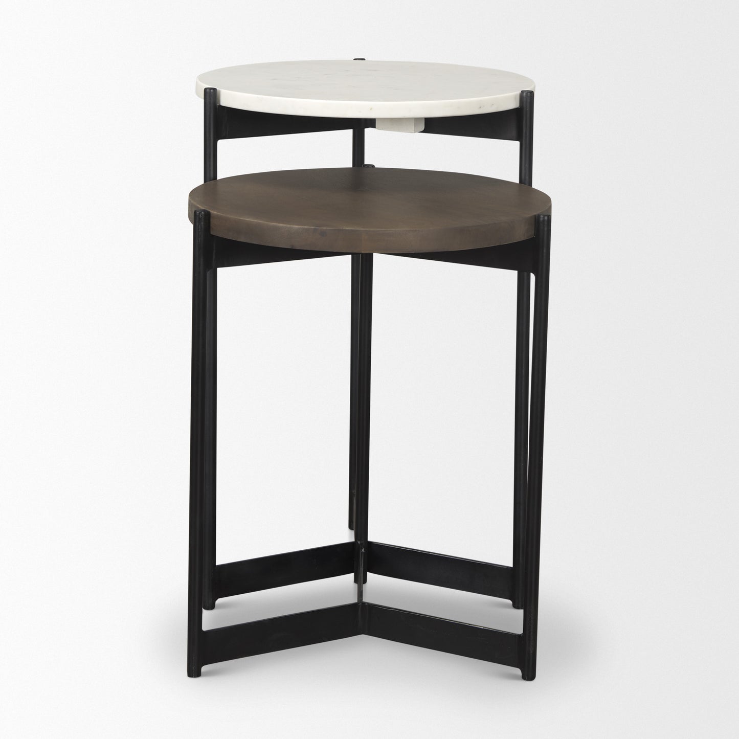 Set of Two Dark Brown and Black Marble Solid Wood and Metal Round Nested Tables
